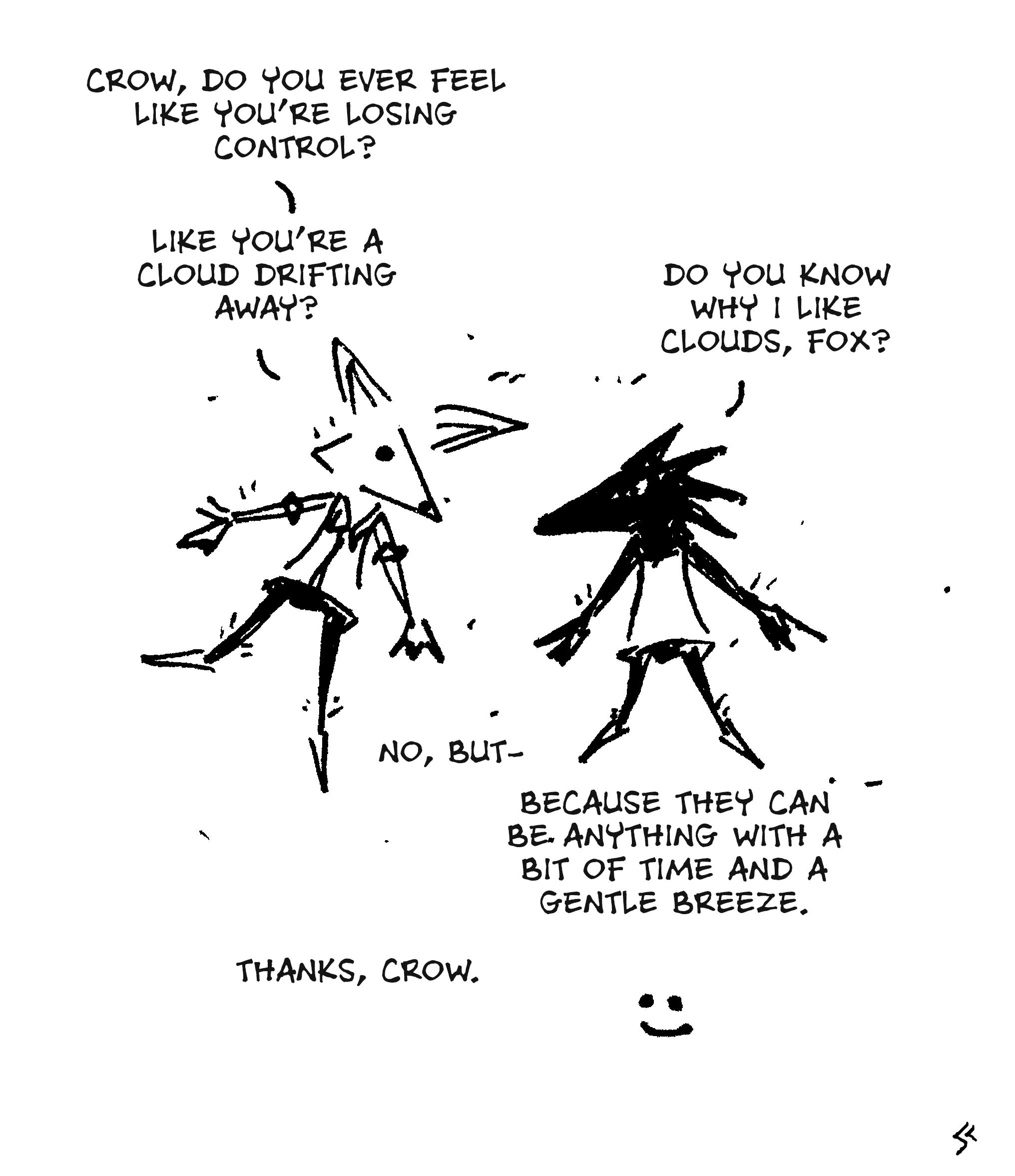 Fox and Crow laying in the grass talking about clouds and feeling lost